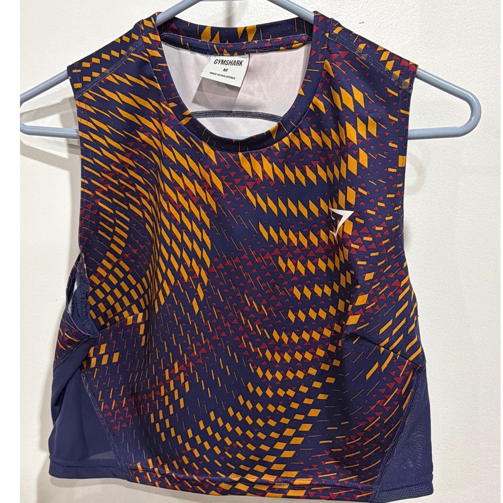 Gymshark Womens M Blue Orange Geometric Print Mesh Crop Tank Top Fitness Bold